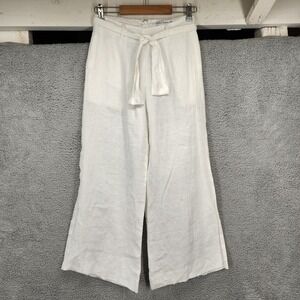 FAITHFULL THE BRAND White Linen Wide Leg Raw Hem Tie Waist Pants Size Small US 4
